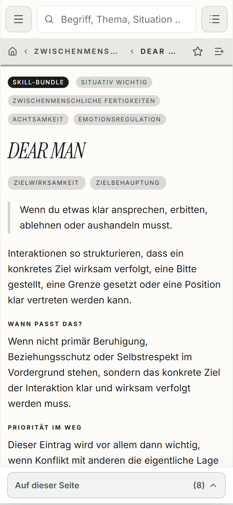 Die DEAR-MAN-Inhaltsseite in Marcus’Mind