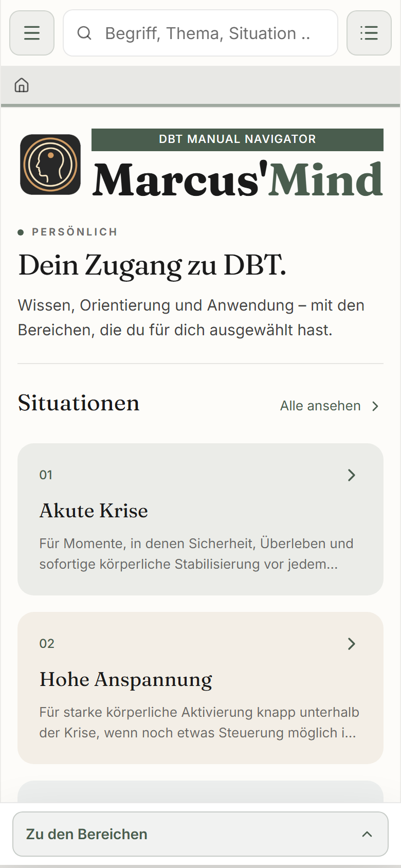 Die Startseite der Marcus’Mind-App
