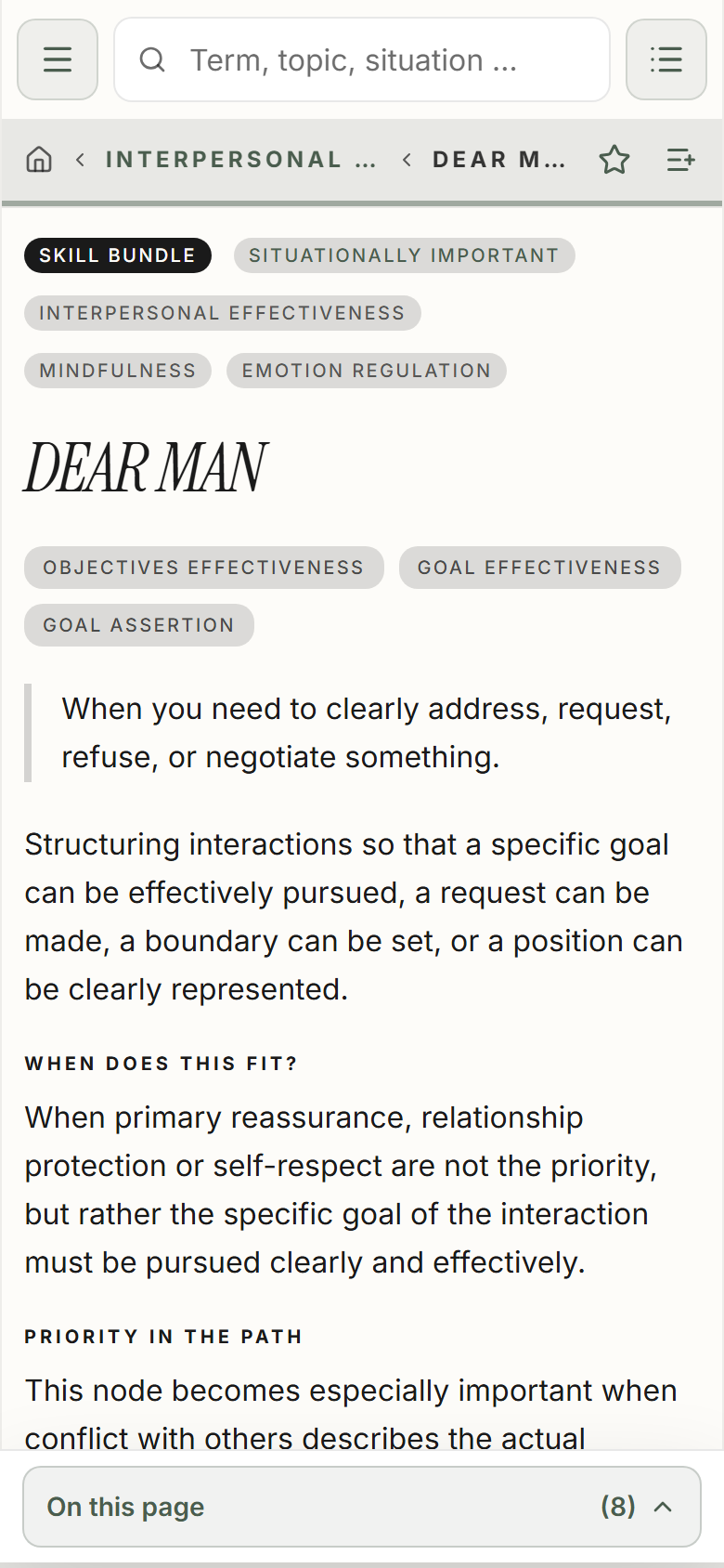 The DEAR MAN content page in Marcus’Mind
