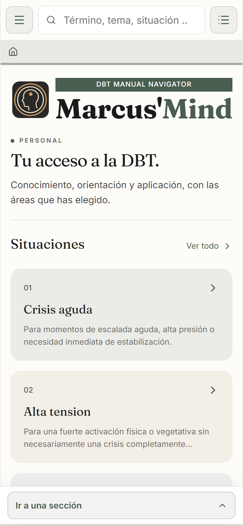 La pantalla de inicio de la app Marcus’Mind