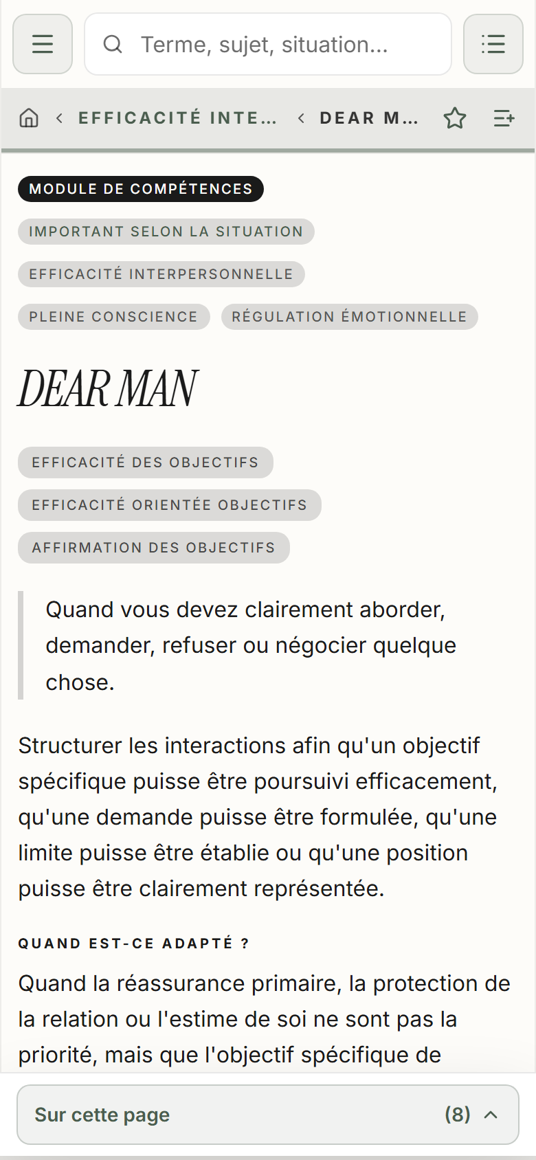 La page de contenu DEAR MAN dans Marcus’Mind