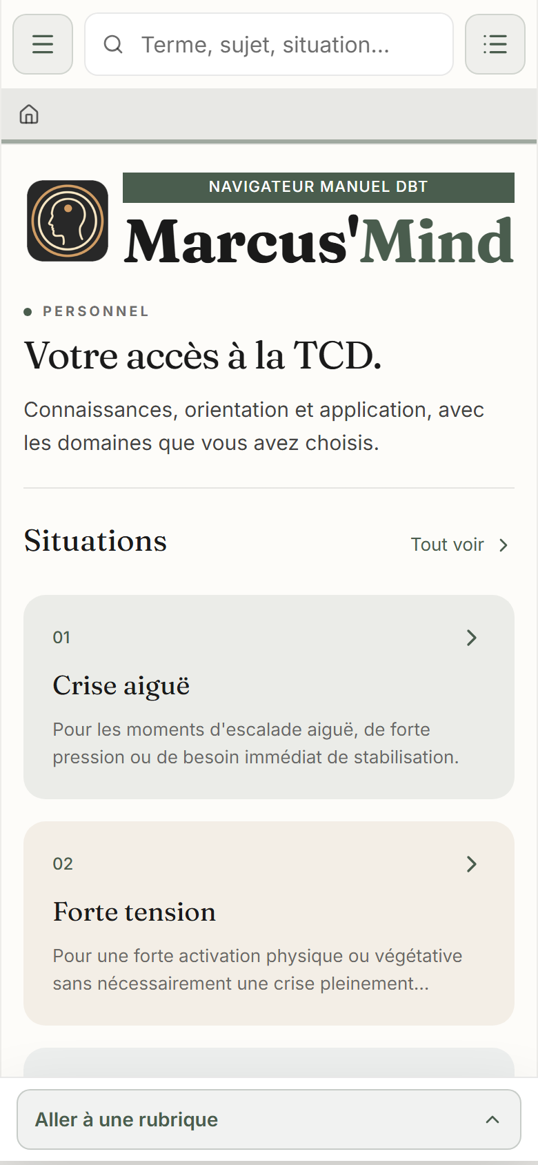 L’écran d’accueil de l’application Marcus’Mind